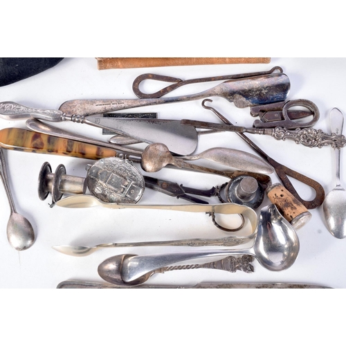 3110 - A miscellaneous collection of antique metal and plated  items cutlery, cups, coin bracelets,wallets,... 