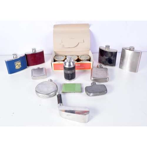 3111 - A collection of vintage hip flasks and a box of unopened snuff (12).