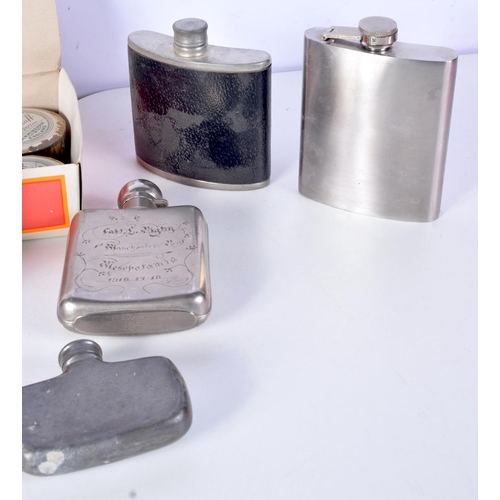 3111 - A collection of vintage hip flasks and a box of unopened snuff (12).