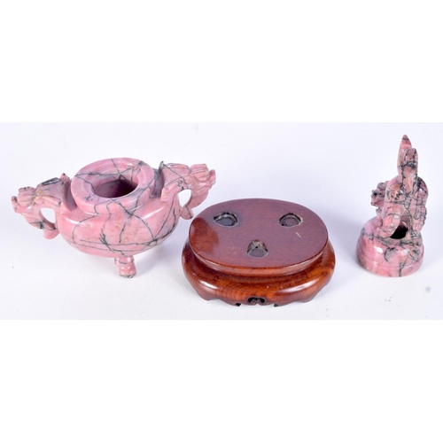 3137 - A Chinese carved Rhodonite incense burner in the form of a beast on a stand. 17cm.