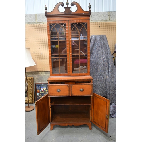 3707 - A LARGE EDWARDIAN SHERATON REVIVAL GLASS FRONTED SECRETAIRE BOOKCASE. 233 cm x 79 cm x 43 cm.