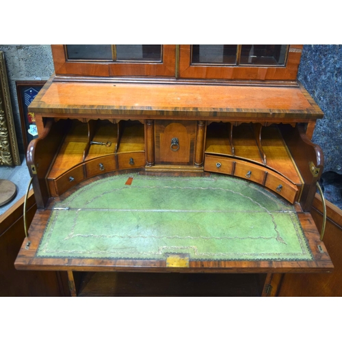 3707 - A LARGE EDWARDIAN SHERATON REVIVAL GLASS FRONTED SECRETAIRE BOOKCASE. 233 cm x 79 cm x 43 cm.