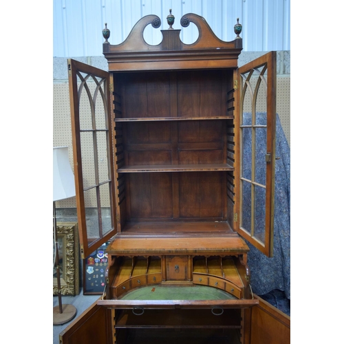 3707 - A LARGE EDWARDIAN SHERATON REVIVAL GLASS FRONTED SECRETAIRE BOOKCASE. 233 cm x 79 cm x 43 cm.