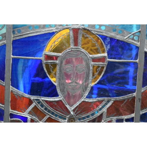 3710 - A LARGE ANTIQUE STAINED GLASS CIRCULAR WINDOW decorated with Jesus, with spare surround. Glass 160 c... 