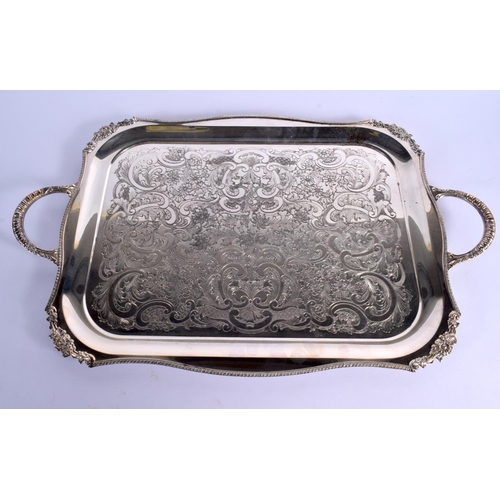 20 - A LARGE SILVER PLATED TRAY together with two boxed sets. Largest 52 cm x 34 cm.