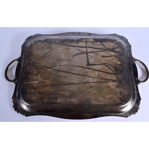 20 - A LARGE SILVER PLATED TRAY together with two boxed sets. Largest 52 cm x 34 cm.