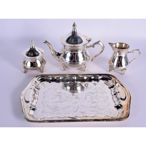 20 - A LARGE SILVER PLATED TRAY together with two boxed sets. Largest 52 cm x 34 cm.