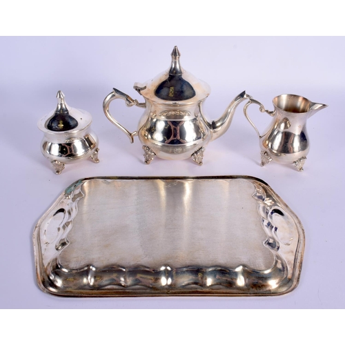 20 - A LARGE SILVER PLATED TRAY together with two boxed sets. Largest 52 cm x 34 cm.