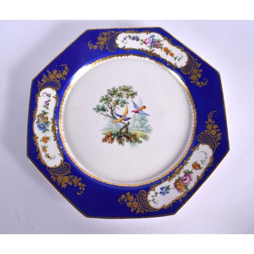 242 - 18TH CENTURY SEVRES PLATE PAINTED WITH BIRDS  PROBABLY BY ALONCLE  IN LANDSCAPE  UNDER A BLUE BORDER... 