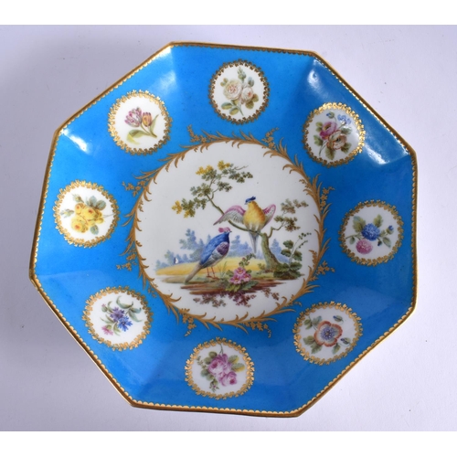 243 - 18TH CENTURY SEVRES OCTAGONAL DISH PAINTED WITH BIRDS IN LANDSCAPE SURROUNDED BY EIGHT CIRCULAR GILT... 
