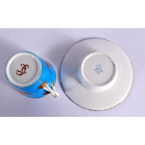 245 - 18TH CENTURY SEVRES TREMBLEUSE CUP AND SAUCER PAINTED WITH FLOWERS IN GILDED CARTOUCHES ON A TURQUOI... 