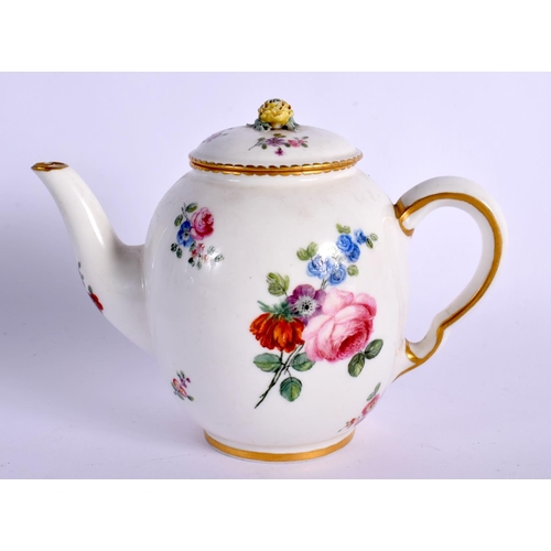 246 - 18TH CENTURY SEVRES TEAPOT AND COVER PAINTED WITH FLOWER SPRIG AND SPRAYS DATE MARK FOR 1769. 11cm H... 