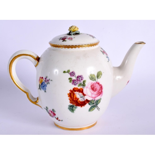 246 - 18TH CENTURY SEVRES TEAPOT AND COVER PAINTED WITH FLOWER SPRIG AND SPRAYS DATE MARK FOR 1769. 11cm H... 
