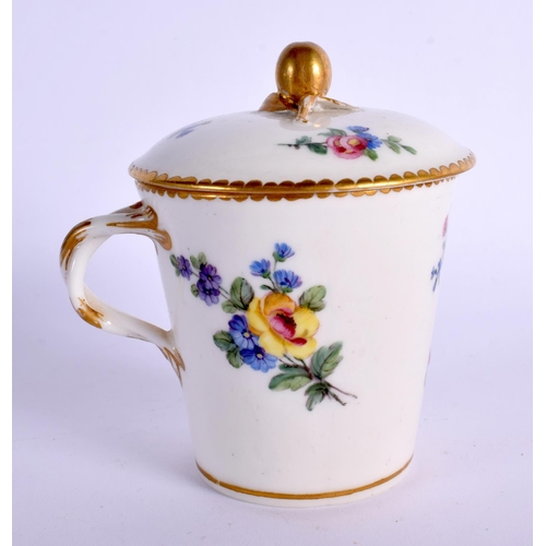 248 - 18TH CENTURY SEVRES CUP AND COVER WITH ENTWINED HANDLE PAINTED WITH FLORAL SPRAZS AND SPRIGS DATE MA... 