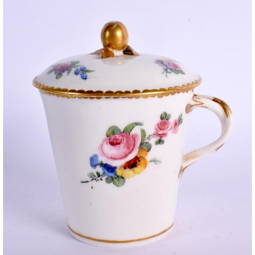 248 - 18TH CENTURY SEVRES CUP AND COVER WITH ENTWINED HANDLE PAINTED WITH FLORAL SPRAZS AND SPRIGS DATE MA... 