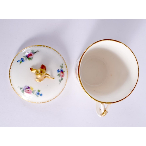 248 - 18TH CENTURY SEVRES CUP AND COVER WITH ENTWINED HANDLE PAINTED WITH FLORAL SPRAZS AND SPRIGS DATE MA... 