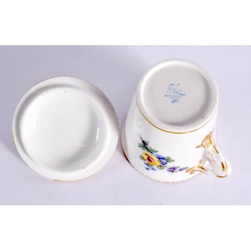 248 - 18TH CENTURY SEVRES CUP AND COVER WITH ENTWINED HANDLE PAINTED WITH FLORAL SPRAZS AND SPRIGS DATE MA... 