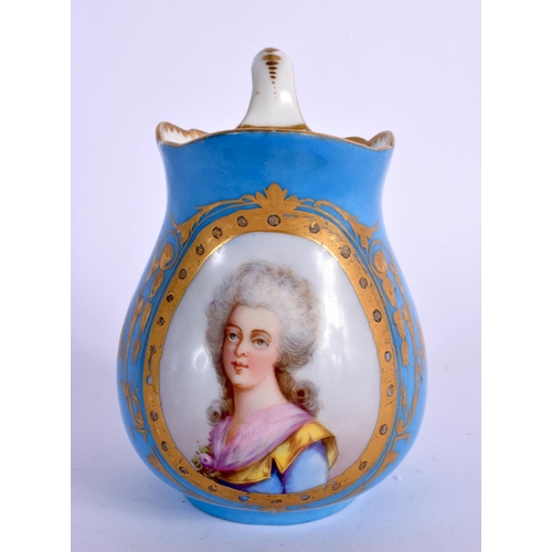 250 - 19TH CENTURY SEVRES STYLE JUG PAINTED WITH A LADY IN GILDED CARTOUCHE. 11cm High