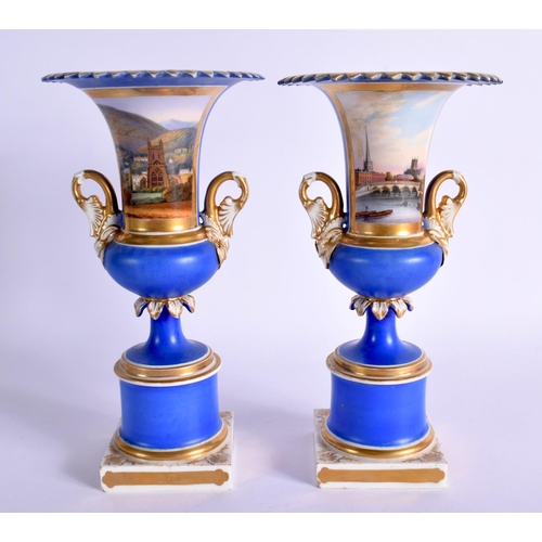 251 - 19TH CENTURY CHAMBERLAINS WORCESTER PAIR OF TWO HANDLED BLUE GROUND VASE PAINTED WITH SCENES OF WORC... 