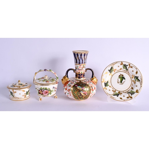 262 - LATE 19TH CENTURY CROWN DERBY IMARI TWO HANDLED VASE WITH MASK HEAD HANDLES  A DERBY INKWELL COVER A... 