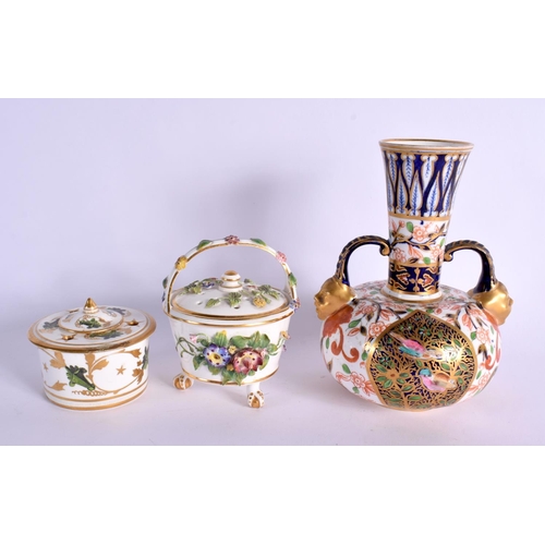262 - LATE 19TH CENTURY CROWN DERBY IMARI TWO HANDLED VASE WITH MASK HEAD HANDLES  A DERBY INKWELL COVER A... 