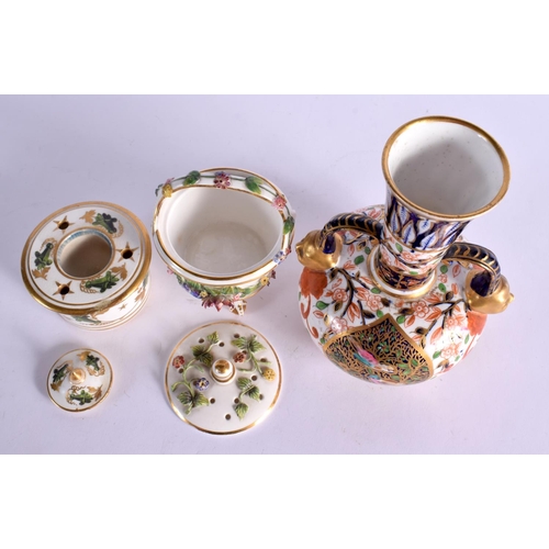 262 - LATE 19TH CENTURY CROWN DERBY IMARI TWO HANDLED VASE WITH MASK HEAD HANDLES  A DERBY INKWELL COVER A... 