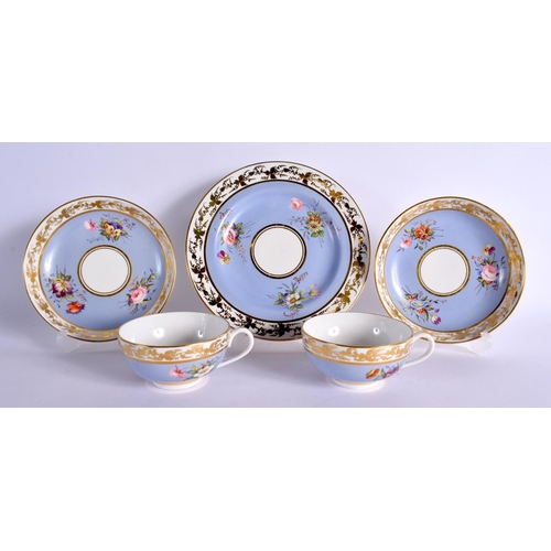 263 - LATE 19TH CENTURY DERBY KING STREET PAIR OF TEACUPS  SAUCERS AND  A SIDE PLATE PAINTED WITH THREE SP... 
