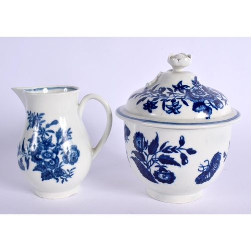 266 - 18TH CENTURY WORCESTER SUCRIER AND COVER AND A MILK JUG BOTH PRINTED WITH THREE FLOWERS PATTERN. Suc... 