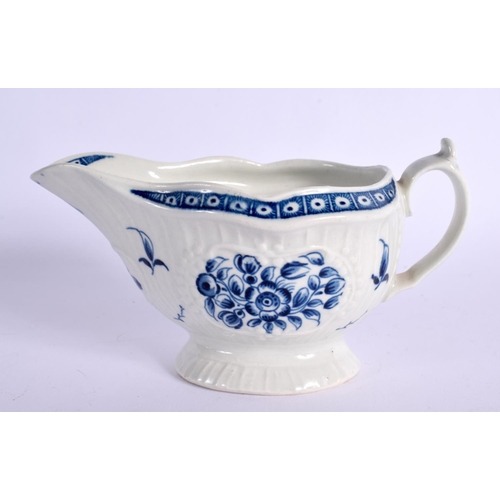 267 - 18TH CENTURY WORCESTER SAUCEBOAT PAINTED WITH THE STRAP FLUTED FLORAL PATTERN. 8.5cm High