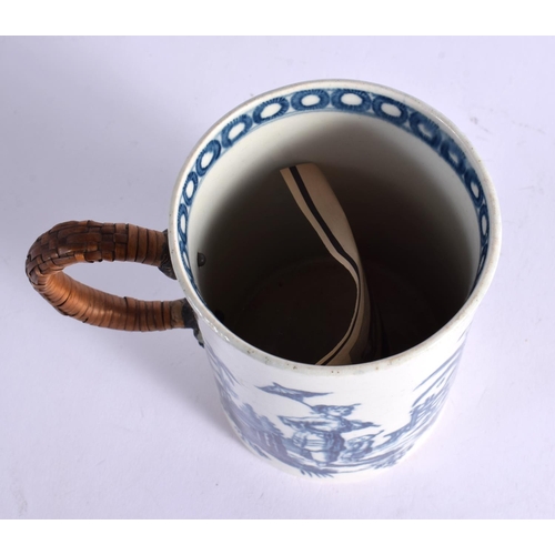 268 - 18TH CENTURY WORCESTER MUG WITH A LATE 18TH  EARLY 19TH CENTURY REPAIR TO HANDLE. 11.5cm High