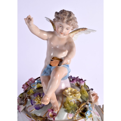 27 - A LARGE EARLY 20TH CENTURY GERMAN PORCELAIN VASE AND COVER with figural cherub supports. 42 cm x 24 ... 