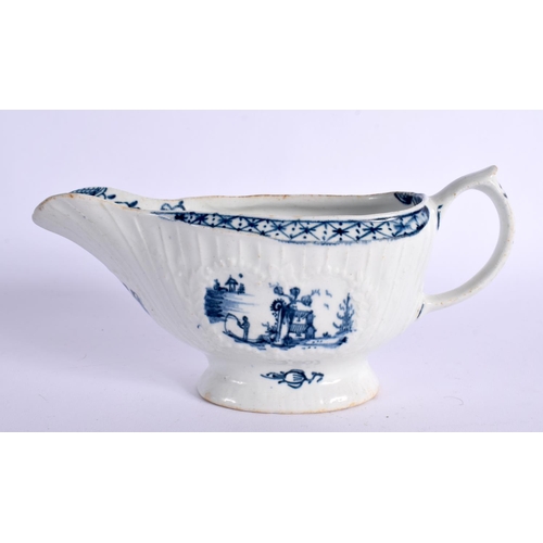 270 - 18TH CENTURY LOWESTOFT SAUCEBOAT PAINTED WITH A CHINESE LANDSCAPE IN WORCESTER STYLE  WORKMANÄS MARK... 