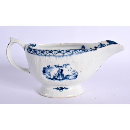 270 - 18TH CENTURY LOWESTOFT SAUCEBOAT PAINTED WITH A CHINESE LANDSCAPE IN WORCESTER STYLE  WORKMANÄS MARK... 