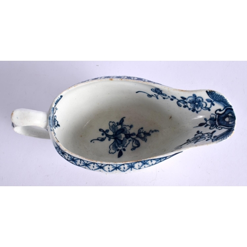 270 - 18TH CENTURY LOWESTOFT SAUCEBOAT PAINTED WITH A CHINESE LANDSCAPE IN WORCESTER STYLE  WORKMANÄS MARK... 