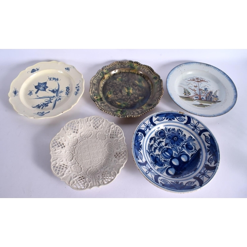 274 - 18TH CENTURY STAFFORDSHIRE SALT GLAZE PLATE PIERCED AND FOUR OTHER 18TH CENTURY POTTERY PLATE. 23.5c... 