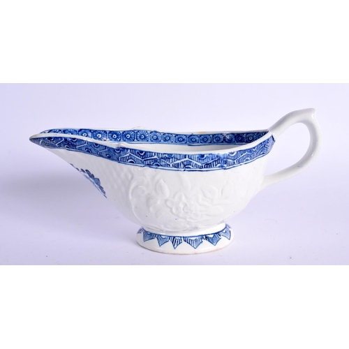 276 - 18TH CENTURY DERBY SAUCEBOAT OF UNUSUAL SHAPE MOULDED WITH PANELS OF RAISED FLOWERS SURRONDED BY BAS... 