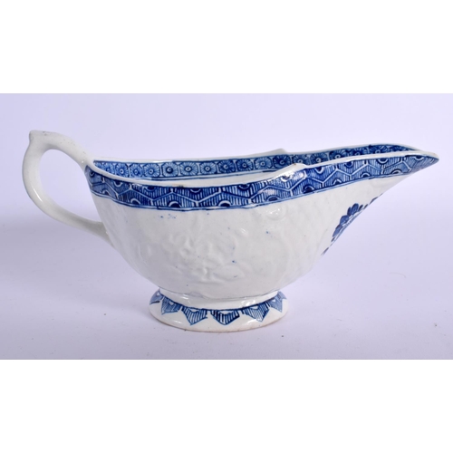 276 - 18TH CENTURY DERBY SAUCEBOAT OF UNUSUAL SHAPE MOULDED WITH PANELS OF RAISED FLOWERS SURRONDED BY BAS... 