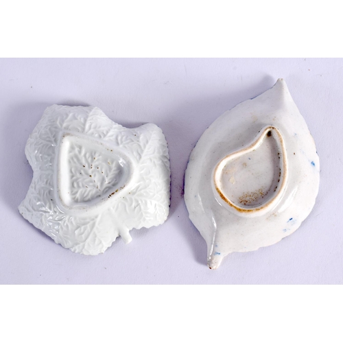 277 - 18TH CENTURY LIVERPOOL LEAF DISH WITH LEAF MOULDING AND ANOTHER LIVERPOOL LEAF DISH WITH THREE TRAIL... 