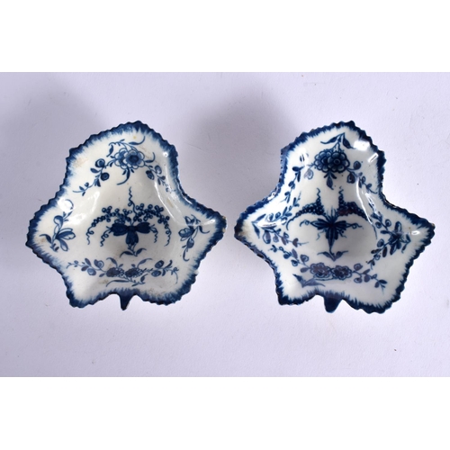 278 - 18TH CENTURY WORCESTER TWO VINE LEAF PICKLE DISHES. 8.5cm Long (2)