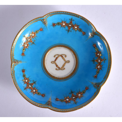 280 - 18TH CENTURY SEVRES SAUCER WITH TURQUOISE GROUND AND DENTIL GILDING WITH JEWELED DECORATION PERHAPS ... 