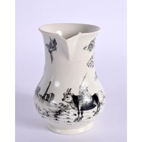281 - 18TH CENTURY WORCESTER SPARROW BEAK JUG PENCILLED WITH BOY ON A BUFFALO. 8cm High