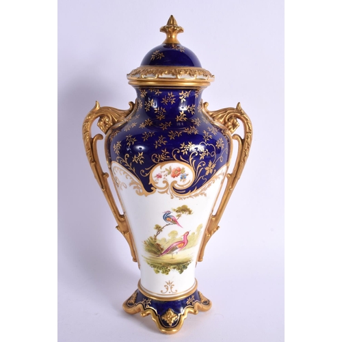 283 - LATE 19TH EARLY 20TH CENTURY COALPORT VASE AND COVER PAINTED WITH A BIRD ON A COBALT BLUE AND GILT G... 