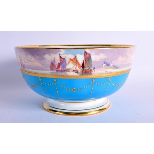284 - EARLY 20TH CENTURY MINTON BOWL WITH TURQUOISE BORDER PAINTED WITH A SAILING SCENE BY J. E. DEAN  SIG... 