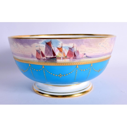 284 - EARLY 20TH CENTURY MINTON BOWL WITH TURQUOISE BORDER PAINTED WITH A SAILING SCENE BY J. E. DEAN  SIG... 