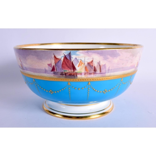284 - EARLY 20TH CENTURY MINTON BOWL WITH TURQUOISE BORDER PAINTED WITH A SAILING SCENE BY J. E. DEAN  SIG... 