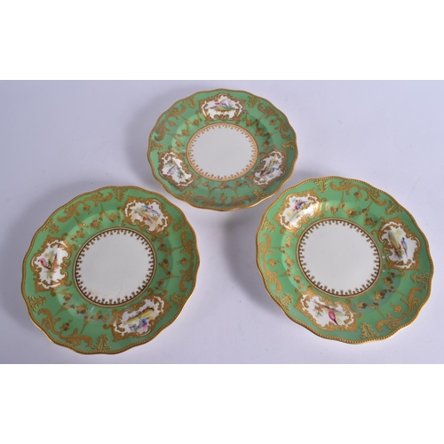 285 - ROYAL CROWN DERBY SET OF THREE PLATES PAINTED WITH BIRDS ON A LIME GREEN GROUND BY CHARLES HARRIS  S... 