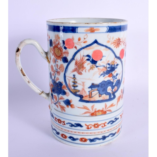 29 - AN UNUSUAL EARLY 18TH CENTURY CHINESE IMARI BLUE AND WHITE MUG Kangxi/Yongzheng. 16 cm x 13 cm.