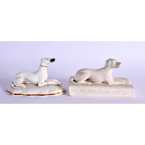 291 - EARLY 19TH CENTURY ENGLISH PORCELAIN BISCUIT FIGURE OF A HOUND ON A RECTANGULAR BASE AND A WHITE GLA... 