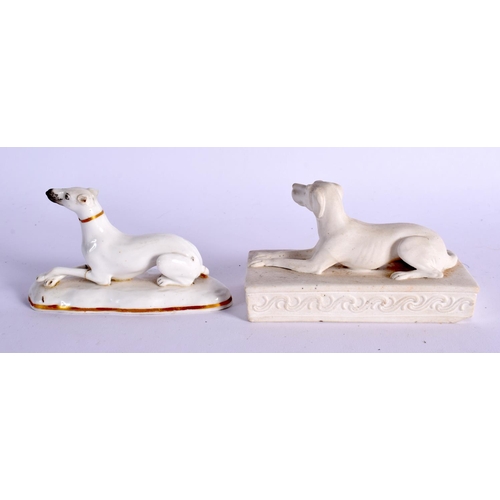 291 - EARLY 19TH CENTURY ENGLISH PORCELAIN BISCUIT FIGURE OF A HOUND ON A RECTANGULAR BASE AND A WHITE GLA... 