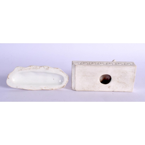 291 - EARLY 19TH CENTURY ENGLISH PORCELAIN BISCUIT FIGURE OF A HOUND ON A RECTANGULAR BASE AND A WHITE GLA... 